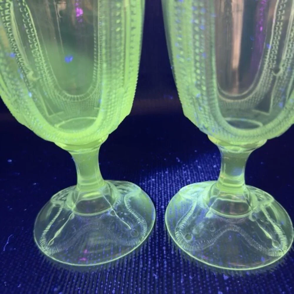 1880s EAPG Adams Glass Curtain Tie‎ Back Goblets Set 2 Manganese 365nm UV Glow